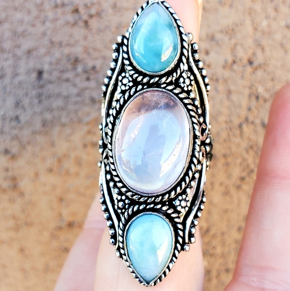 New Rose Quartz & Larimar 925 Silver Statement Ring. - Picture 12 of 15